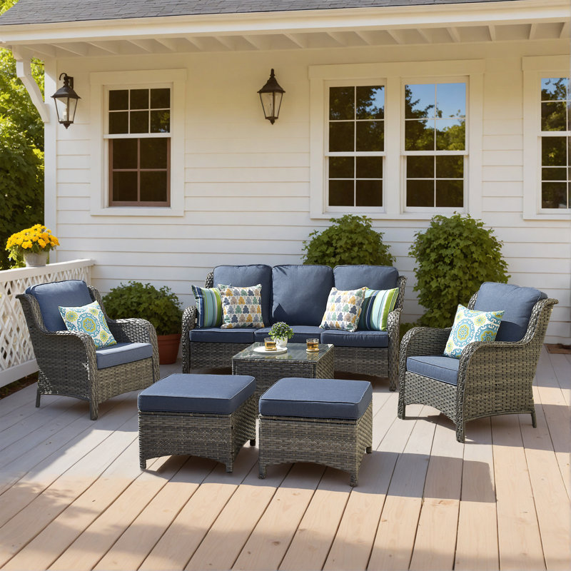 Caberfae Wicker 5 - Person Patio Conversation Set with Cushions, Denim Blue, Gray