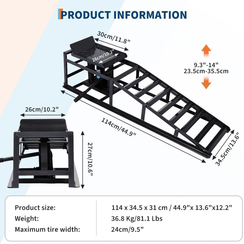 Rampes hydrauliques pour voiture (lot de 2), capacité de 5 tonnes (11 000 lb), hauteur de levage réglable de 25 à 41 cm (9,8 à 16,21 po), acier robuste, conception antidérapante