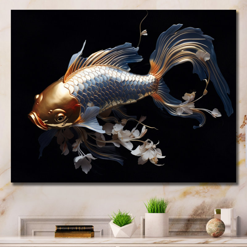 Gold Kois Fish Mysterious Shadows - Animals Wall Art Living Room, H 30 po x l 40 po x P 1,5 po, Toile tendue