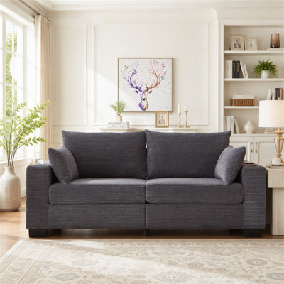 78" Corduroy Sofa for Living Room, Modern Upholstered Sofa with USB, Cup Holders, and Side Pocket, Plush Deep Seat 3-Seater Sofa