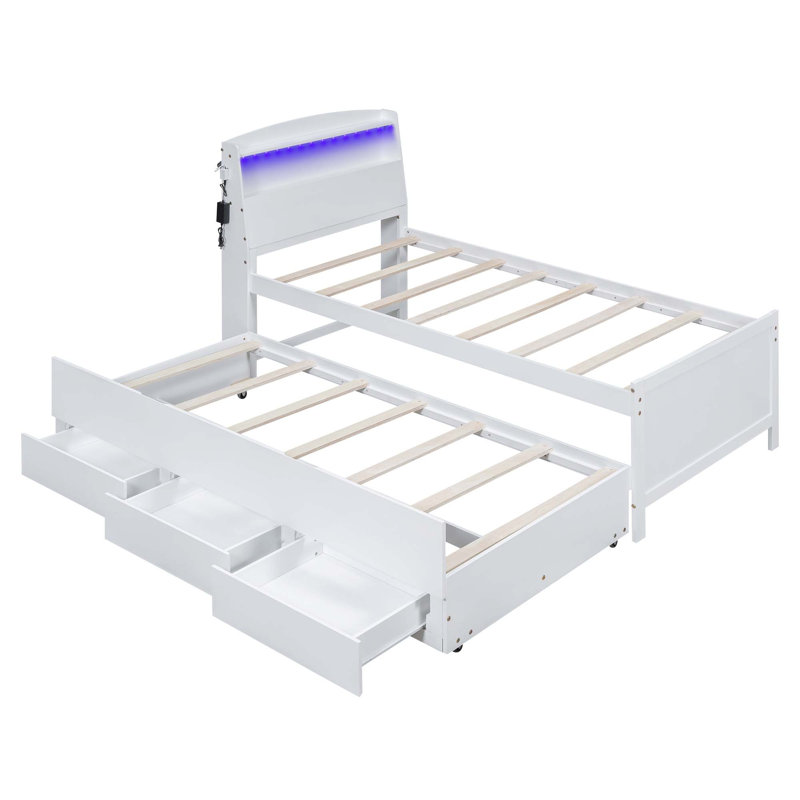 Lit plateforme simple avec tête de lit à DEL avec rangement, lit gigogne simple et 3 tiroirs