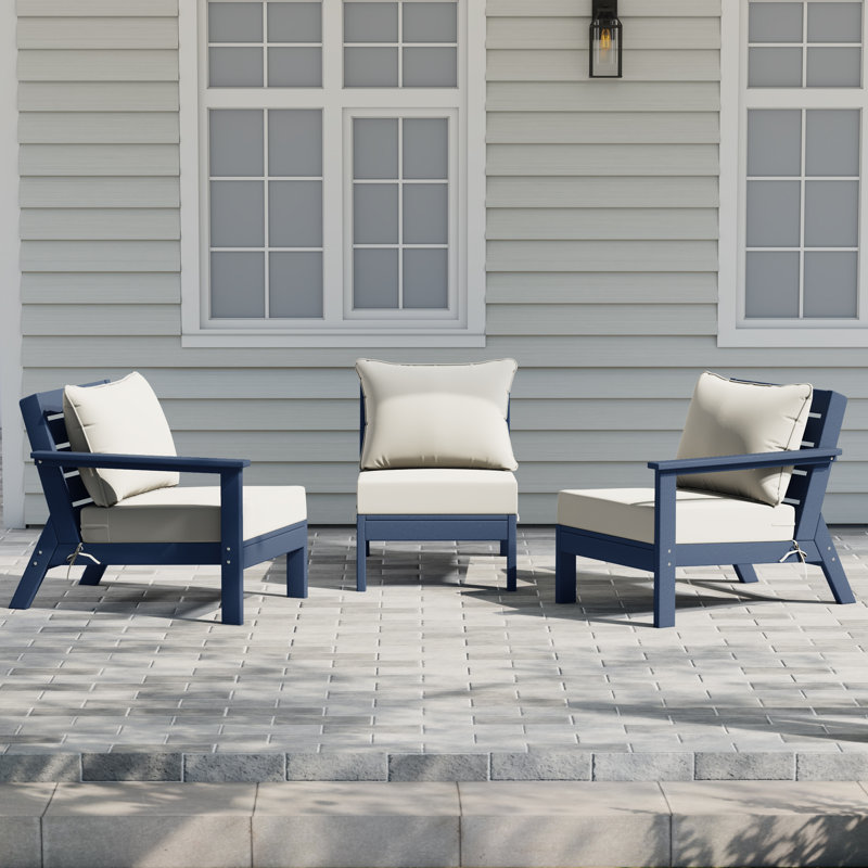 3-Piece Deep Seating Set With Cushions, White, Navy Blue