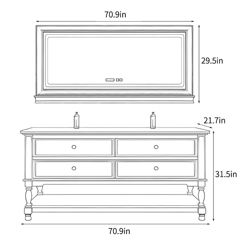 Meuble-lavabo de style américain de luxe rétro, H 31,5 po x l 70,9 po x P 21,7 po