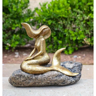 Gold Leaf Resin Abstract Art Mermaid Sunbathing On Ocean Rock Figurine 8.5" L