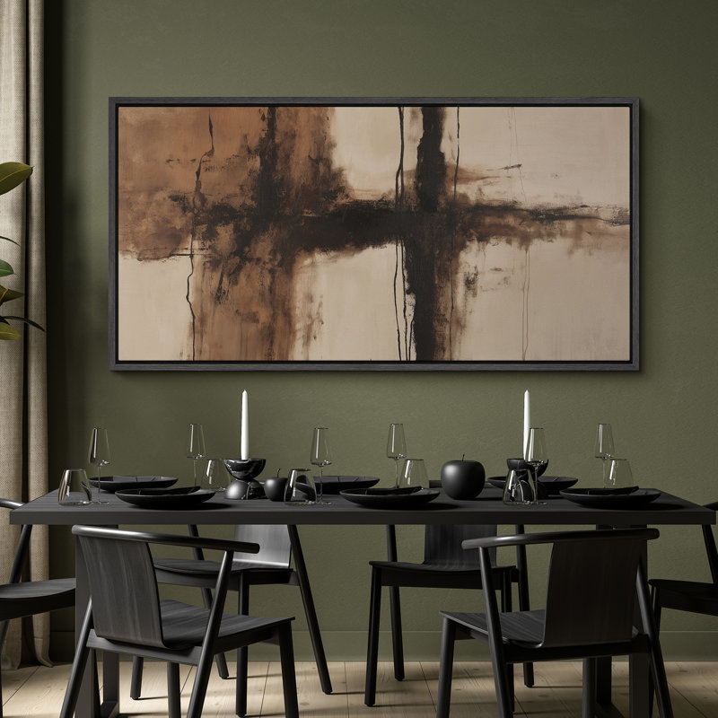 Rustic Cross-Form Brushstroke Abstract in Brown and Black – Large Framed Canvas Master Bedroom Wall Art Print, Black