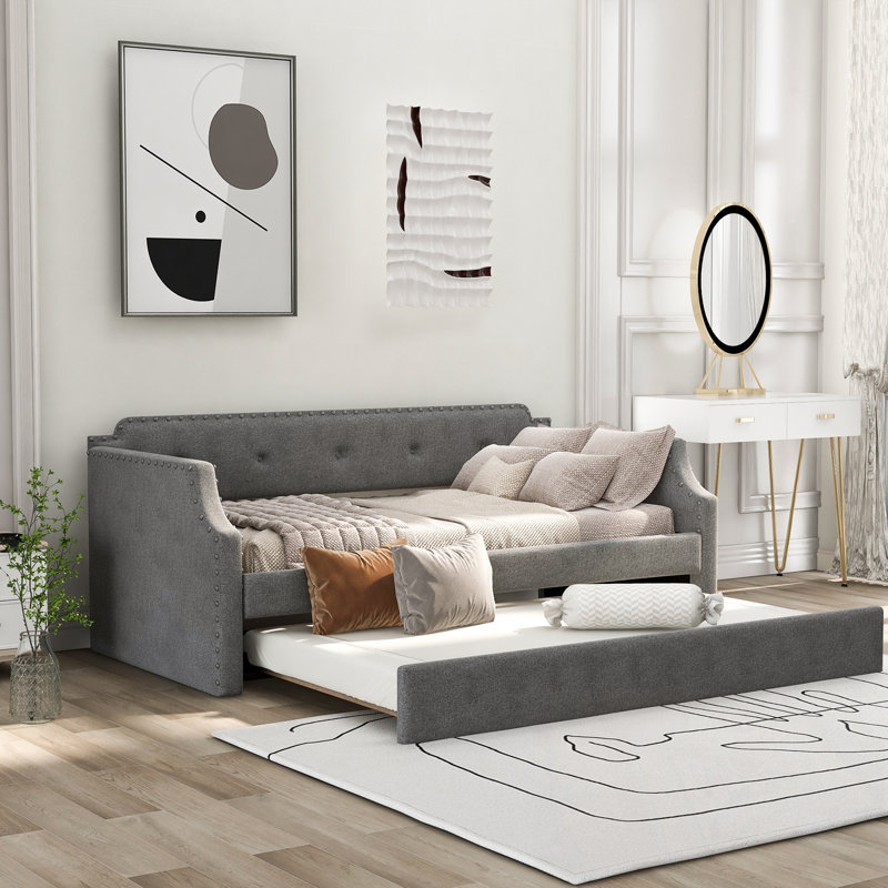 Twin Size Upholstered Daybed with Trundle, Gray