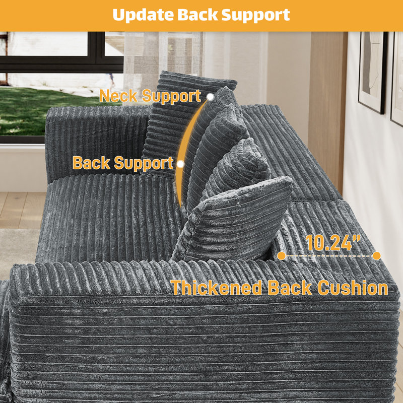 Canapé modulaire surdimensionné avec coussins Adame Boneless Compression, Velours côtelé gris, Forme en L, Face à la droite