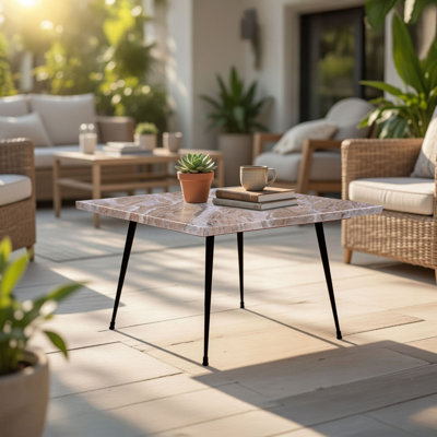 Taro Cocktail Table | 24 Inch Square Taupe Brown Marble Top | Indoor & Outdoor Patio Table | Black Metal Legs