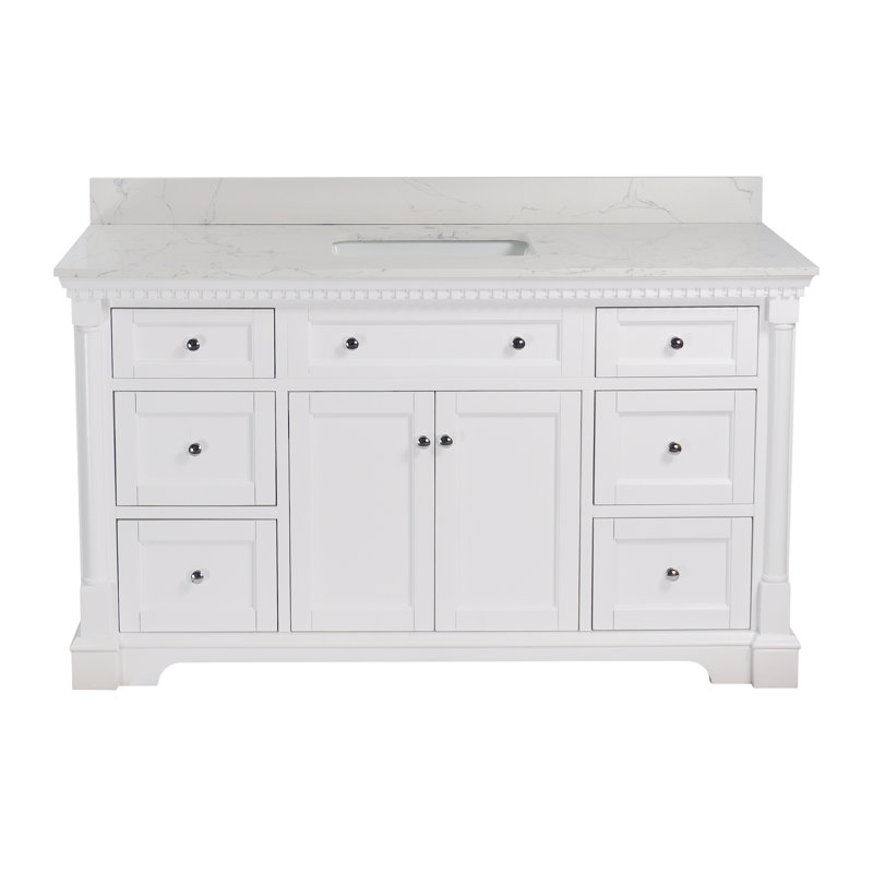 Fossen 60'' Single Bathroom Vanity with Top, White, Engineered Marble