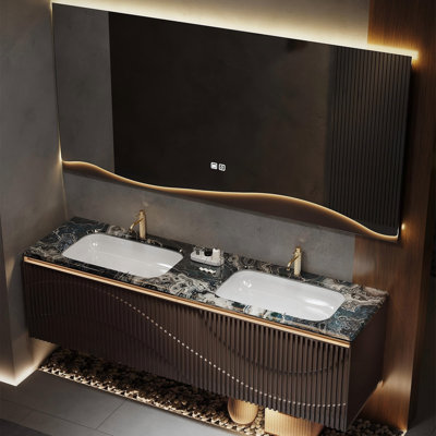 Ensemble de meuble-lavabo double mural en bois massif 66,93 "avec miroir Mmart