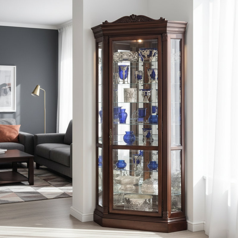 Vitrine de coin Breunig II, fronton couronne, colonnes cannelées, éclairage à niveaux multiples Touch-Lite