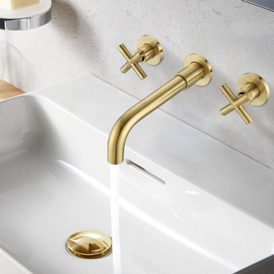 Wall Mounted Gold Bathroom Faucet - Brass And Low Maintenance Brushed Mount For Corrosion