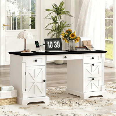 Bureau à domicile avec classeur et tiroirs, bureau de direction 55 po avec prise USB, armoire de rangement pour table de travail pour bureau, blanc