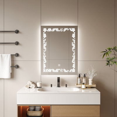Miroir de salle de bain carré carré sans cadre à motif gravé, lumière avant et arrière, gradateur 3 couleurs, à brancher / câblé, horizontal / vertical