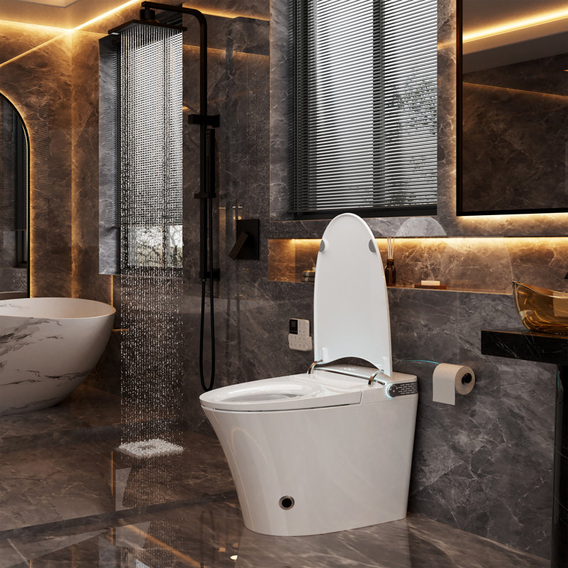 Toilette intelligente à hauteur confortable ADA avec réservoir intégré, siège chauffant, fonctions bidet et couvercle à ouverture automatique