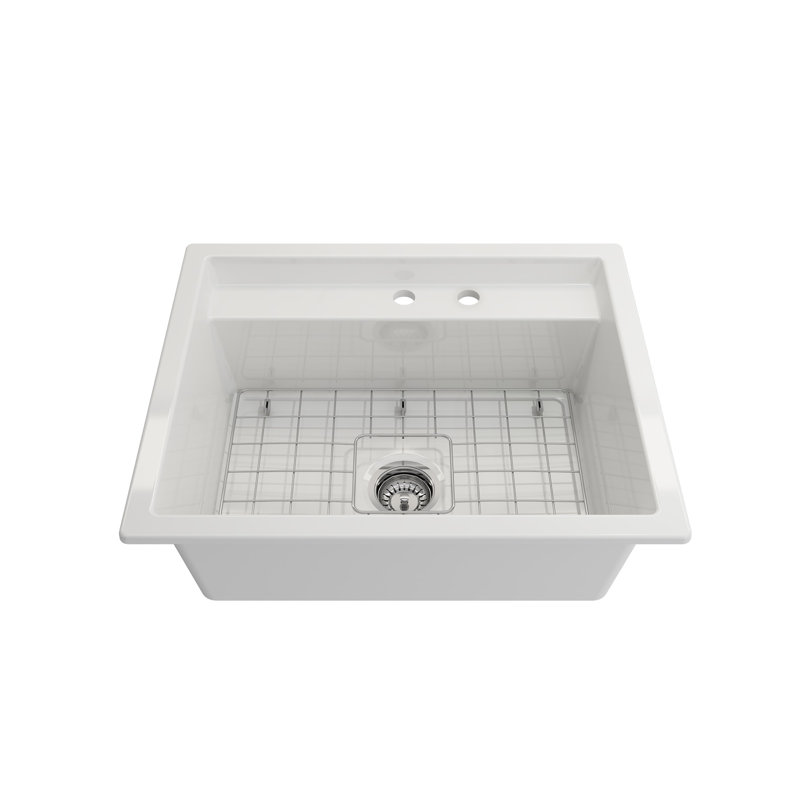 Support double en argile réfractaire 27 po Baveno Uno Évier de cuisine à simple cuve avec accessoires, Blanc, 2 trous
