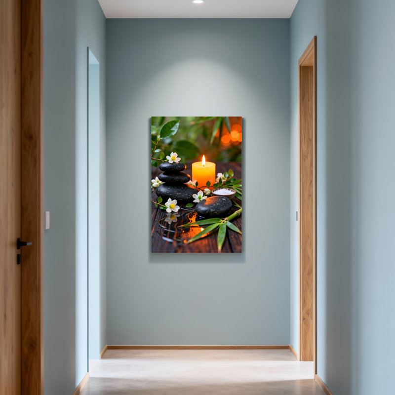 Bain et lessive Calme pierres zen bougie fleurs feuilles de bambou reflet de l'eau, H 24 po x l 16 po