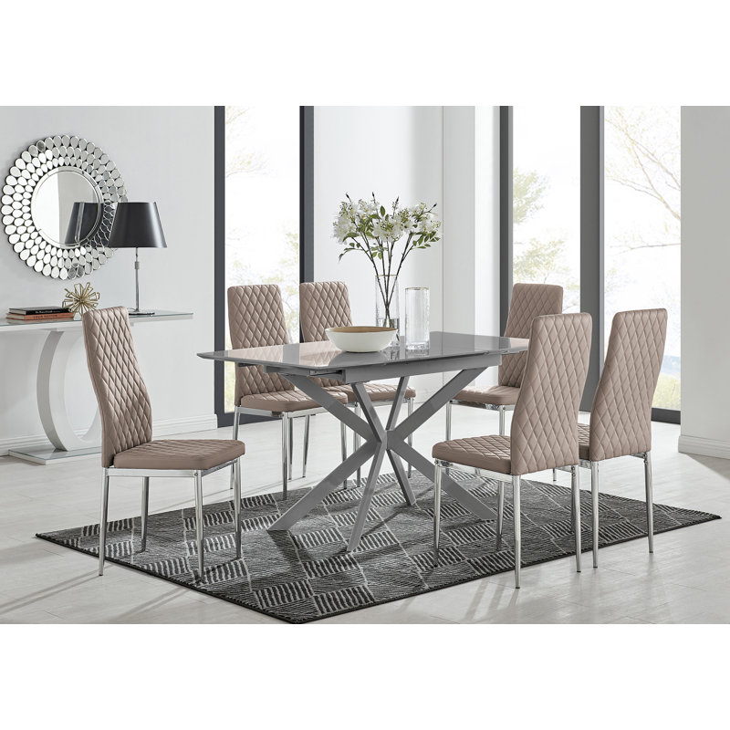 Eubanks Modern High Gloss Extendable Dining Table Set with Luxury Faux Leather Dining Chairs, 6, Cappuccino