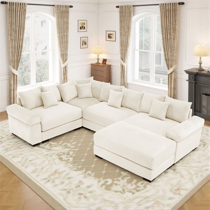 116.9" Corduroy Sectional Corner Sofa 5 Piece Oversized Modular Deep Seat Cloud Couch With Upholstered Movable Ottoman