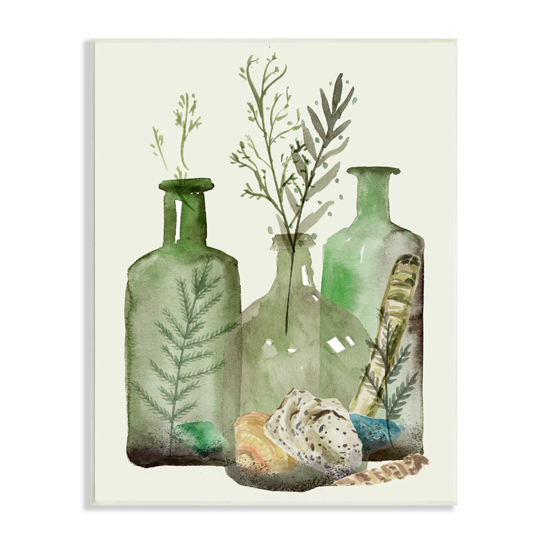 Fougère, plantes, coquillages nautiques, cruche verte, nature morte, par Melissa Wang, H 15 po x l 10 po x P 0,5 po