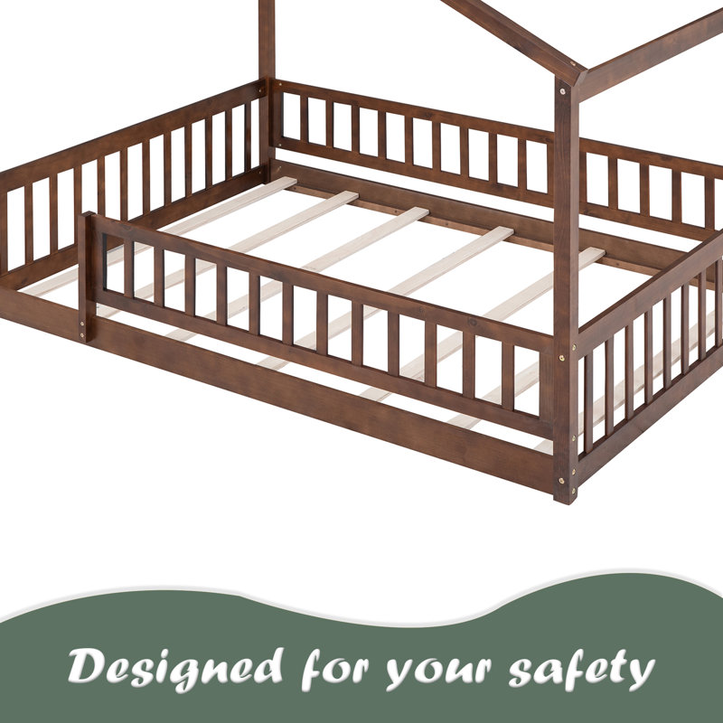 Wood Bed House Bed Frame With Fence, Walnut, Full