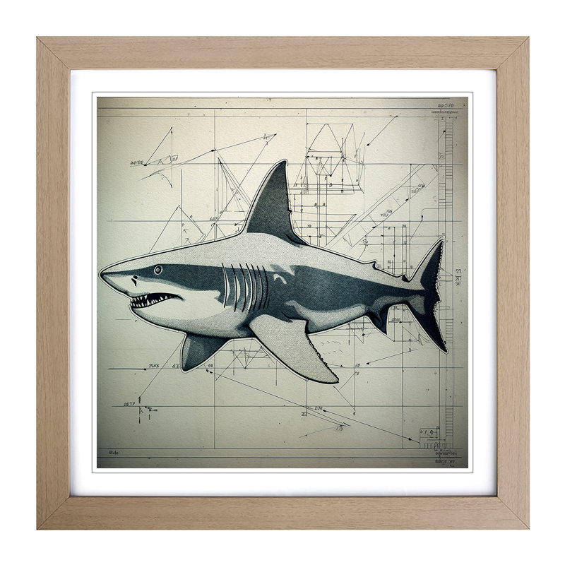 Shark Constructivism - Single Picture Frame Print on Wood, Oak