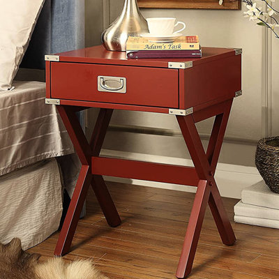 Table d'appoint carrée rouge avec sangles de coin en métal, plateau en bois, base en forme de «x», rangement de tiroir, glissière en métal, support de barre transversale, espace de vie dans la maison, coins, tiroirs de 15 po x 9 po x 3 po