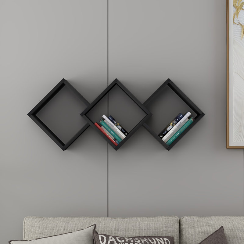 Tablette murale moderne noire - 40,2 po x 16,5 po x 7,9 po | 100% panneau de particules enduit de mélamine, épaisseur: 0,7 pouce | Nombreuses tablettes, conception murale, forme géométrique élégante pour la maison et le bureau