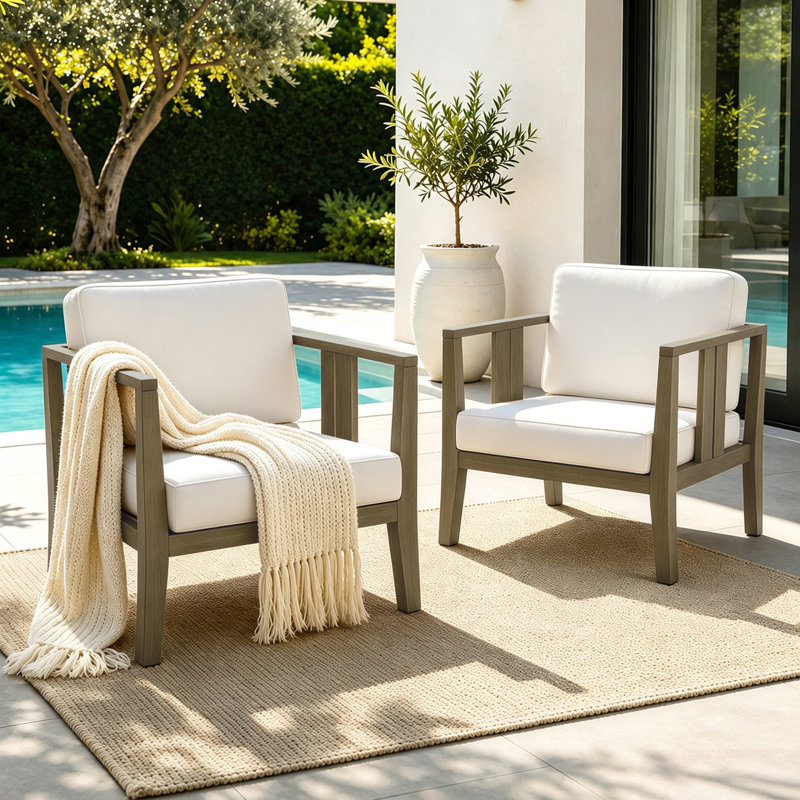 Junco Solid Wood Teak Outdoor Lounge Chair With Cushion And Arm, Beige, Brown