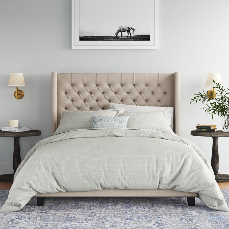Lit plateforme tapissier Londono, Lin gris foncé chiné, Double