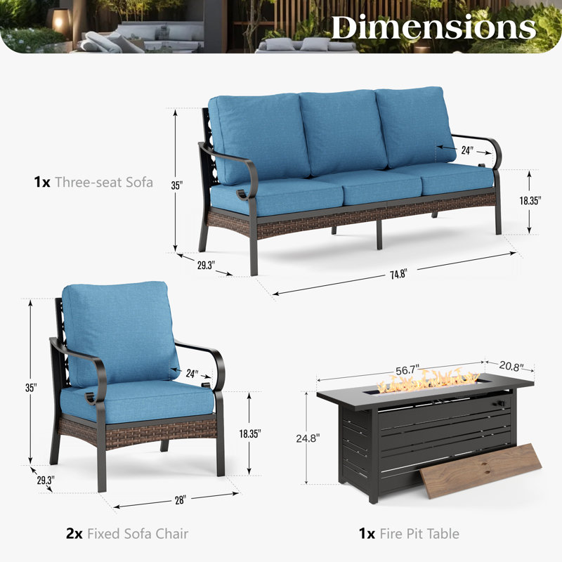 4 Piece Sofa Seating Group With Cushions, Denim Blue