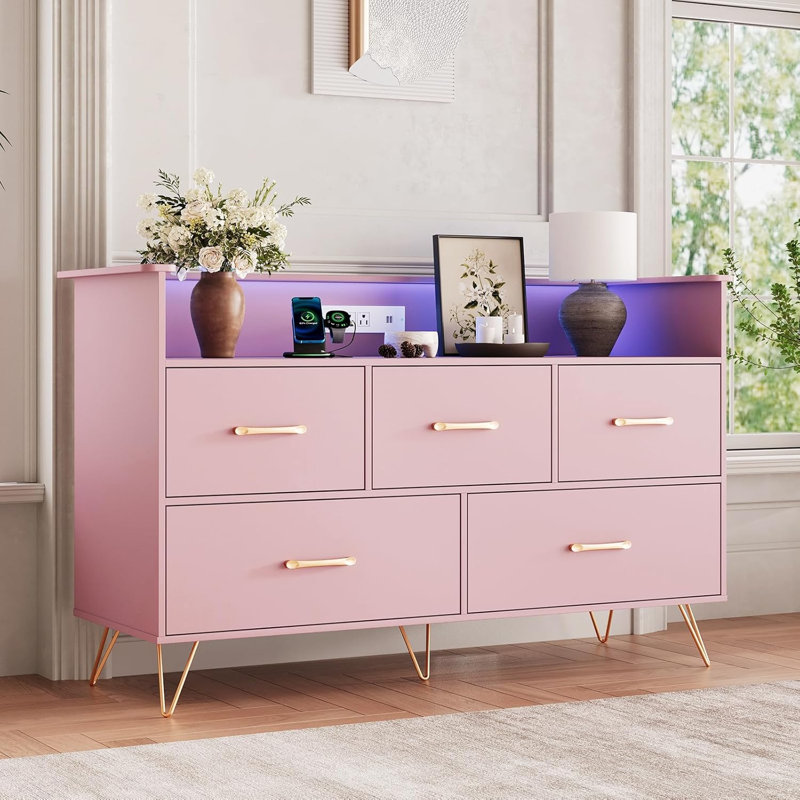 47" Dresser with LED Lights & Charging Station, 5-Drawer Wood Storage Cabinet for Bedroom, Pink