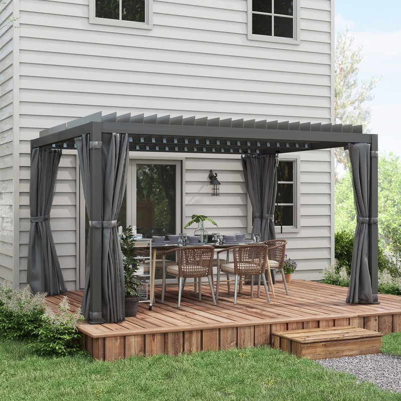 Dark Gray Aluminum Pergola with Adjustable Louvered Roof and Curtains