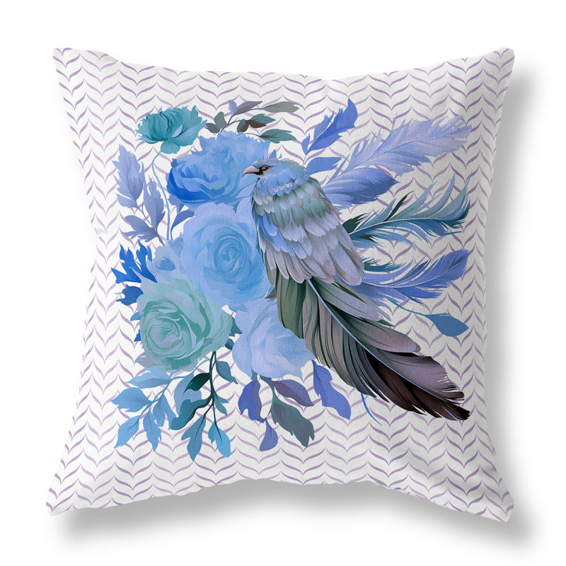 Coussin décoratif réversible Feathered Bouquet, H 20 po x l 20 po, Motif floral bleu / blanc, Simili daim