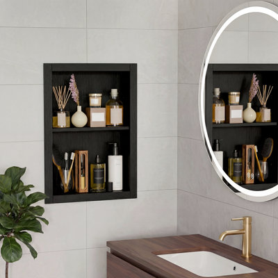 14'' * 18'' Recessed Medicine Cabinet Wall Niche Wood, 2-Tier Bathroom Wall Niche Insert for Drywall, In Wall Shelf Medicine Cabinets Replacement, for Living room, Bathroom Storage, Black