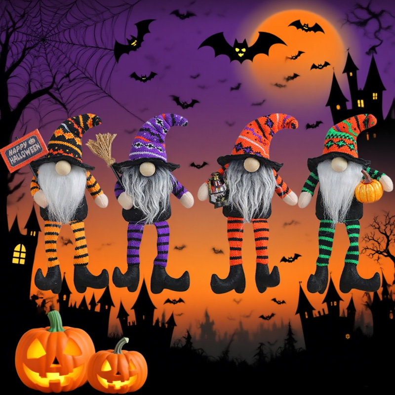4 pièces de décorations de gnome d'Halloween en peluche, Tomte scandinave fait à la main - ornements de décoration de table