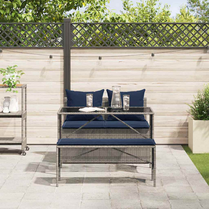 Ensemble repas de patio 3 pièces avec coussins en rotin de polyester, Gris / bleu marine