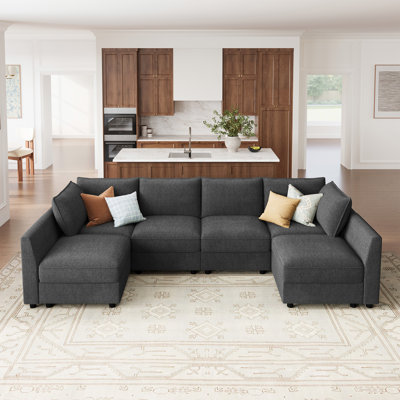 U-shaped Modular Sectional Upholstered Sofa With Storage Seat Light Grey