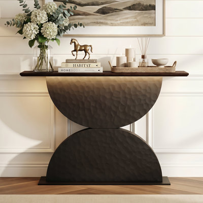 47" Modern Console Table With 3d Hammered Base & Led Light, Double Semi-circle Wood Entryway & Sofa Table
