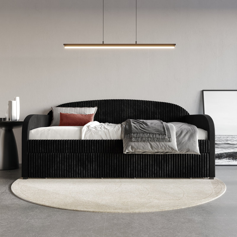  Lit de jour simple en velours côtelé avec deux tiroirs en métal, Noir