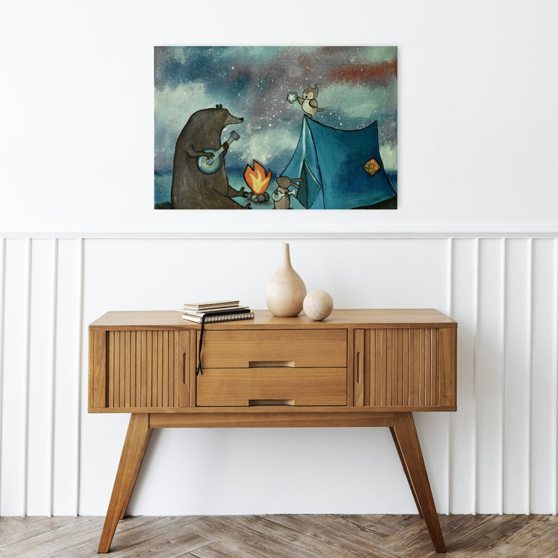 «Starry Campfire Serenade», reproduction d'art contemporain abstrait, oiseau, chouette, forêt, art mural, H 16 po x l 24 po