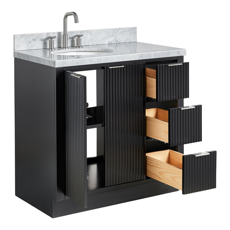 Ensemble de meuble-lavabo simple 36 po en bois massif avec plateau en marbre de Carrare 1,5 po, gauche décalé, lavabo ovale