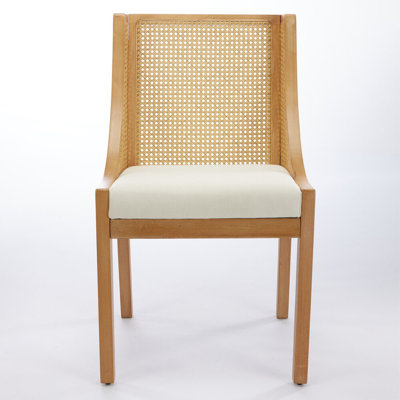 Beige Rattan Dining Chair (single Pack) – Solid Wood Frame With Decorative Armrests, Linen Upholstered Seat, Rustic Style Side Chair For Kitchen, Dining Room, Living Room (natural Finish)
