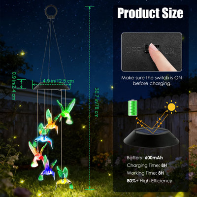 LED Solar Hummingbird Wind Chime Color Changing Waterproof Garden Gift