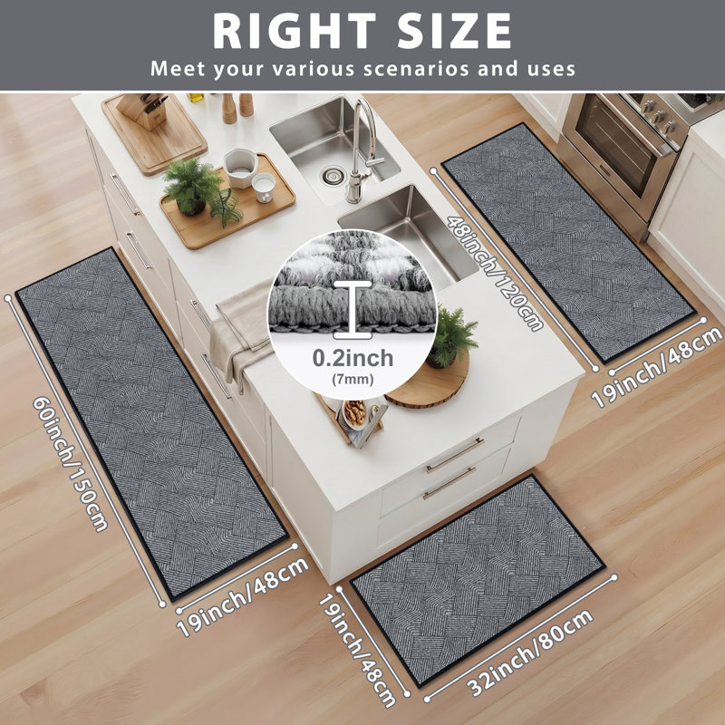 Tapis de cuisine antidérapant à motif croisé (ensemble de 3), Gris clair