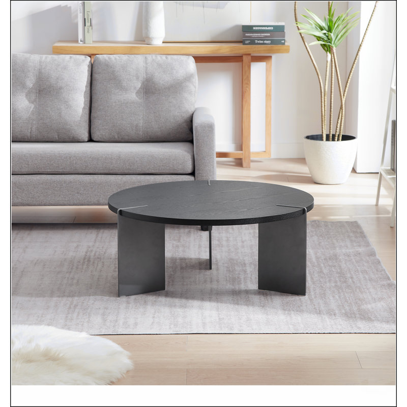 Table basse ronde en bois de chêne noir et pieds en métal noir, Noir, H 14,96 po x L 35,43 po x l 25,43 po