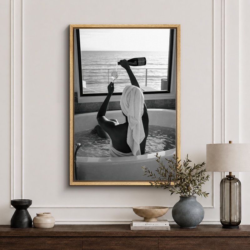 «Black and White Tub Wine Ocean View», images de salle de bain, impression sur toile encadrée, impression numérique