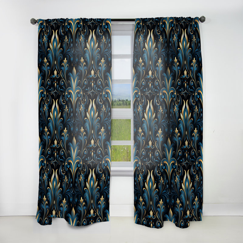 Motif de fleurs bleues et dorées de luxe III - rideau Ikat - obscurcissement de la pièce en velours - 1 panneau