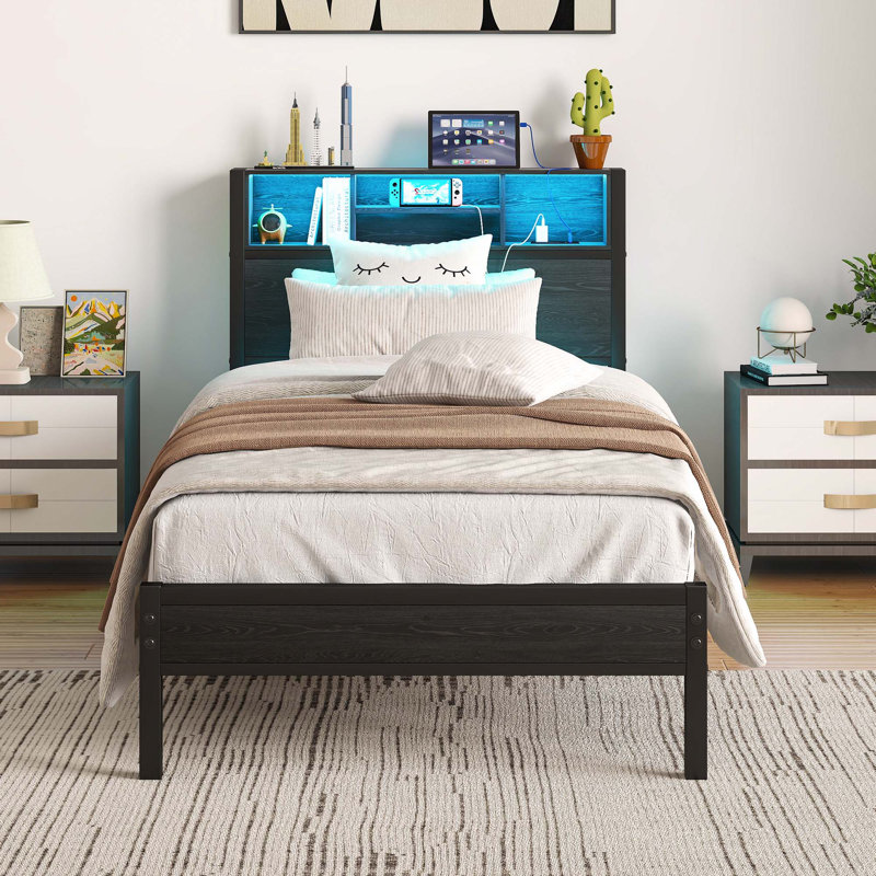 Twin Size Bed Frame With Storage Headboard, Metal Platform Bed With Charging Station, Bookcase Storage, No Box Spring Needed, Easy Assembly