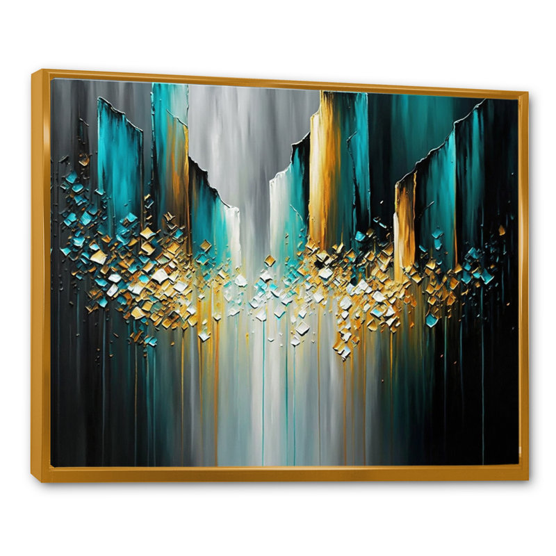 Abstrait géométrique noir et vert I - reproduction sur toile, L 32 po x H 16 po, Toile avec cadre flottant or